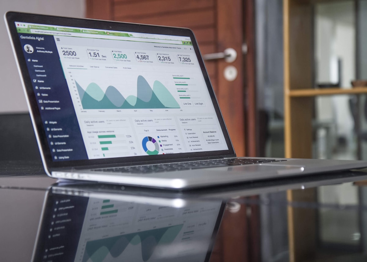 Laptop screen showing financial charts and analytics on a desk